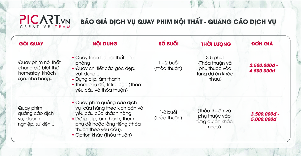 Bảng giá dịch vụ quay phim review dịch vụ